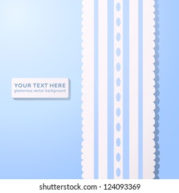 Blue vertical background with vintage white and blue lace. Vector illustration for your lovely design. Picture in the form of a gift. Easy to use.