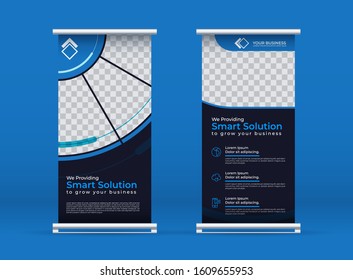blue vertical banner or roll up banner template, with an elegant style for business and corporate