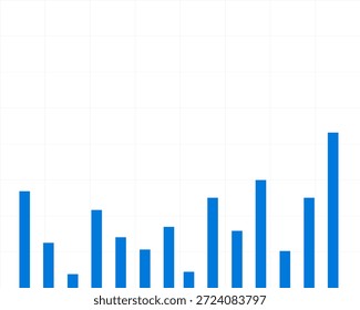 Columnas de barra de Vertical azul de diferentes alturas sobre un fondo de cuadrícula blanco, que representan las fluctuaciones dinámicas de los datos, alcanzando una tendencia de rendimiento máximo, informe de análisis de datos.
