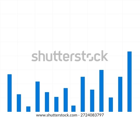 Blue vertical bar columns of varying heights on a white grid background, representing dynamic data fluctuations , achieving a peak performance trend , data analysis report.