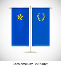 Blue vertical flag on a pole with star and Laurel wreath
