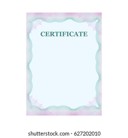 Blue vertical guilloche certificate template, official paper, document certifying university or other higher education institution qualification award, blank with frame, vector illustration on white