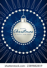 Blue vertical New Year and Christmas card, poster, banner with silver Christmas balls