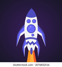 cohete vertical azul con fuego sobre fondo azul oscuro. Transporte espacial. Ilustración vectorial plana