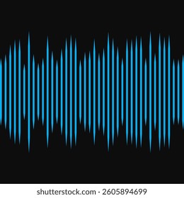 Blue vertical spikes, sound wave background. A row of waveform lines. Isolated on a black background.