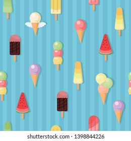 Blue vertical stripe background, many cute vector ice cream seamless patterns of different flavors, used for wrapping paper, Advertising Design in Summer,greeting cards or stickers
