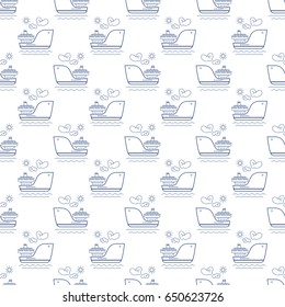 Blue Vessel on White Background, Seamless Maritime Travel Pattern, Line Style Design, Vector Illustration 