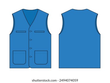 Blue Vest with Multi Pockets Template on White Background. Front and Back Views, Vector File.