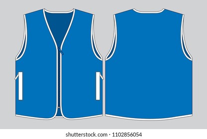 Blue Vest with White Edging Design on Gray Background. Front and Back Views, Vector File.