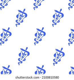 Blue veterinary caduceus symbol seamless pattern. Vector illustration.