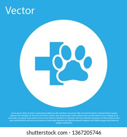 Blue Veterinary clinic symbol icon isolated on blue background. Cross hospital sign. A stylized paw print dog or cat. Pet First Aid sign. White circle button. Vector Illustration