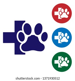 Blue Veterinary clinic symbol icon isolated on white background. Cross hospital sign. A stylized paw print dog or cat. Pet First Aid sign. Set color icon in circle buttons. Vector Illustration