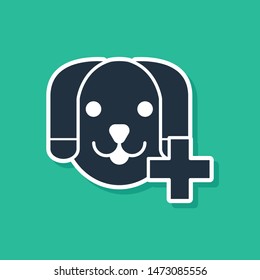 Blue Veterinary clinic symbol icon isolated on green background. Cross with dog veterinary care. Pet First Aid sign.  Vector Illustration