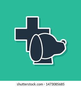 Blue Veterinary clinic symbol icon isolated on green background. Cross with dog veterinary care. Pet First Aid sign.  Vector Illustration