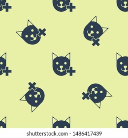 Blue Veterinary clinic symbol icon isolated seamless pattern on white background. Cross with cat veterinary care. Pet First Aid sign.  Vector Illustration