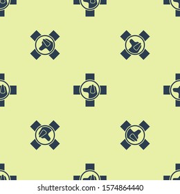 Blue Veterinary clinic symbol icon isolated seamless pattern on yellow background. Cross with dog veterinary care. Pet First Aid sign.  Vector Illustration