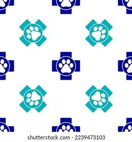 Blue Veterinary clinic symbol icon isolated seamless pattern on white background. Cross hospital sign. A stylized paw print dog or cat. Pet First Aid sign.  Vector