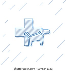 Blue Veterinary clinic symbol line icon isolated on white background. Cross with dog veterinary care. Pet First Aid sign. Vector Illustration