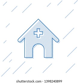 Blue Veterinary medicine hospital, clinic or pet shop for animals line icon isolated on white background. Vet or veterinarian clinic. Vector Illustration
