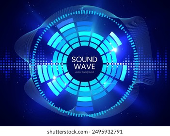 Blue vibrant gradient curve sound waves, radial music sound equalizer. Audio impulse signal. Radio frequency, volume lines. Vector banner electronic neon design background