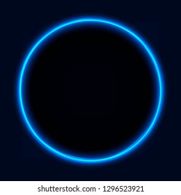 Blue vibrant neon glowing circle. Colorful round frame. Abstract bright ring. Shine vector stroke illustration for your design, banner, ad.