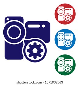 Blue Video camera and gear icon isolated on white background. Adjusting app, service concept, setting options, maintenance, repair, fixing. Set color icon in circle buttons. Vector Illustration