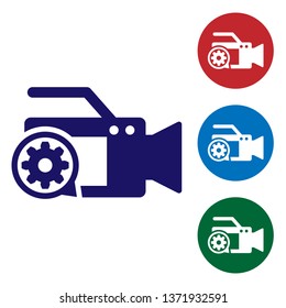 Blue Video camera and gear icon isolated on white background. Adjusting app, service concept, setting options, maintenance, repair, fixing. Set color icon in circle buttons. Vector Illustration
