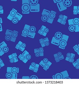 Blue Video camera and gear icon isolated seamless pattern on blue background. Adjusting app, service concept, setting options, maintenance, repair, fixing. Vector Illustration