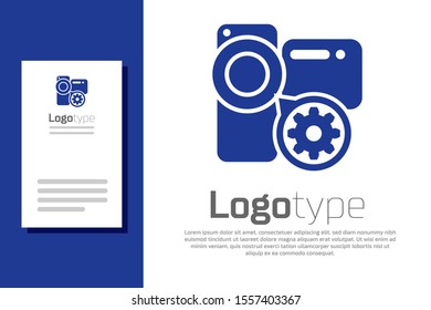 Blue Video camera and gear icon isolated on white background. Adjusting app, service concept, setting options, maintenance, repair, fixing. Logo design template element. Vector Illustration
