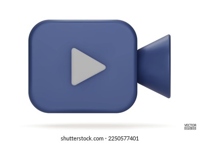 Icono de cámara de vídeo azul aislado en fondo blanco. 3d Icono de película realista, botón de reproducción para la interfaz de aplicaciones y páginas web. Video, streaming, concepto multimedia. Ilustración vectorial 3D.