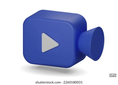 Blue Video camera icon isolate on white background. 3d Realistic movie icon, play button for the interface of applications and web pages. Video, streaming, multimedia concept. 3D vector illustration.