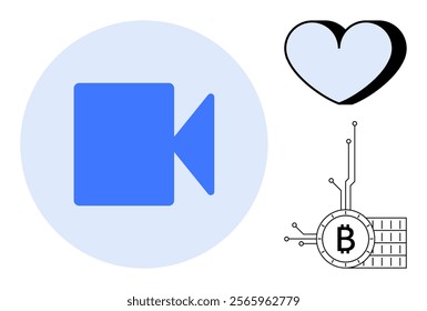 A blue video camera icon sits inside a light blue circle next to an outlined heart shape and a stylized Bitcoin symbol with circuit lines. Ideal for digital, technology, video conferencing