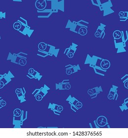 Blue Video camera with screwdriver and wrench icon isolated seamless pattern on blue background. Adjusting, service, setting, maintenance, repair, fixing.  Vector Illustration