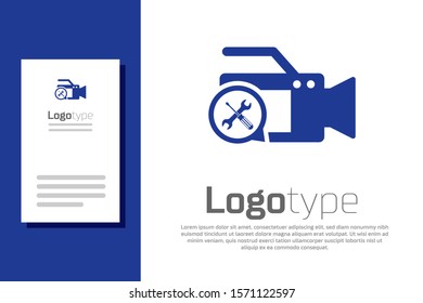 Blue Video camera with screwdriver and wrench icon isolated on white background. Adjusting, service, setting, maintenance, repair, fixing. Logo design template element. Vector Illustration