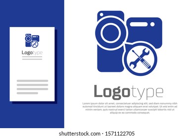 Blue Video camera with screwdriver and wrench icon isolated on white background. Adjusting, service, setting, maintenance, repair, fixing. Logo design template element. Vector Illustration