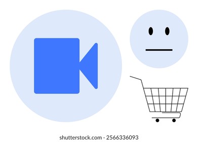 Blue video camera symbol, neutral face, and shopping cart outline on white background. Ideal for multimedia, communication, online shopping, emotions, graphic design. Simple minimal vector style