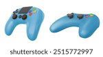 Blue video game console control joystick. Realistic 3d vector illustration set of computer gamepad with sticks and buttons. Electronic hand joypad. Player controller for leisure and entertainment