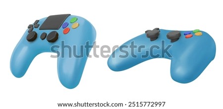 Blue video game console control joystick. Realistic 3d vector illustration set of computer gamepad with sticks and buttons. Electronic hand joypad. Player controller for leisure and entertainment