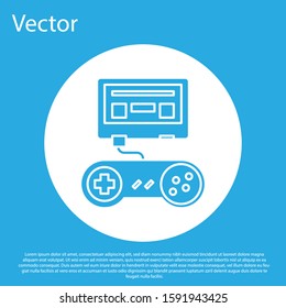 Blue Video game console with joystick icon isolated on blue background. White circle button. Vector Illustration