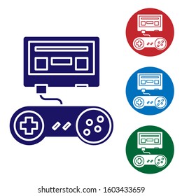 Blue Video game console with joystick icon isolated on white background. Set color icons in circle buttons. Vector Illustration