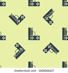 Blue Video game console with joystick icon isolated seamless pattern on yellow background.  Vector Illustration