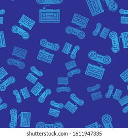 Blue Video game console with joystick icon isolated seamless pattern on blue background.  Vector Illustration