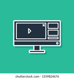 Blue Video recorder or editor software on computer monitor icon isolated on green background.  Vector Illustration