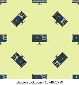 Blue Video recorder or editor software on computer monitor icon isolated seamless pattern on yellow background.  Vector Illustration