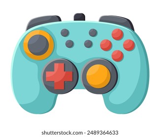 Blue videogame joystick. Retro game console, wireless gamepad, icon of playing controller on white background, electronic digital device, accessory for gamers, gaming technology.