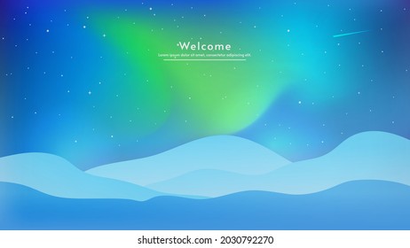 Blue view aurora and mountains. Bright lights, comets and stars in the sky. Vector illustration. Vector panoramic. Color lights at night landscape. 