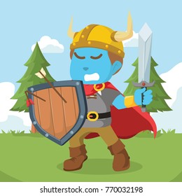 Blue viking holding shield and sword