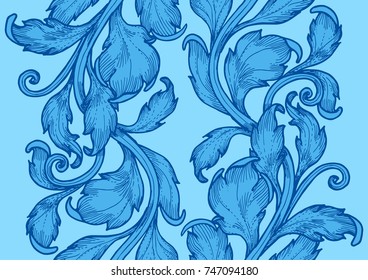 blue  vine baroque  hand draw style seamless pattern