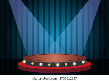 Blue vintage background and podium with lights. Design for presentation, concert, show. Vector illustration