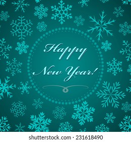 Blue vintage background with round space for text and snowflakes. Can be used as greeting card for Christmas and new year